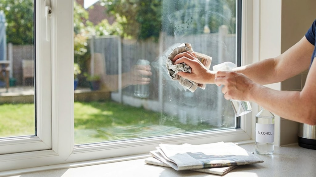 Uso de jornal com álcool como técnica simples para limpar vidros sem fiapos
