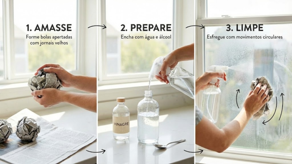 Uso de jornal com álcool como técnica simples para limpar vidros sem fiapos
