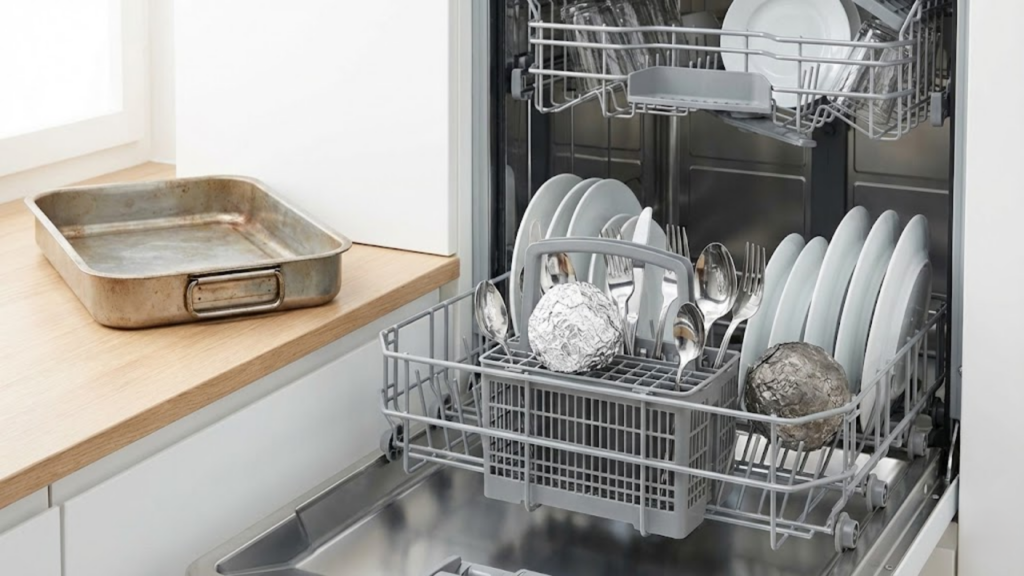 Uso de bola de papel alumínio na lava-louças associado à melhora da limpeza dos talheres
