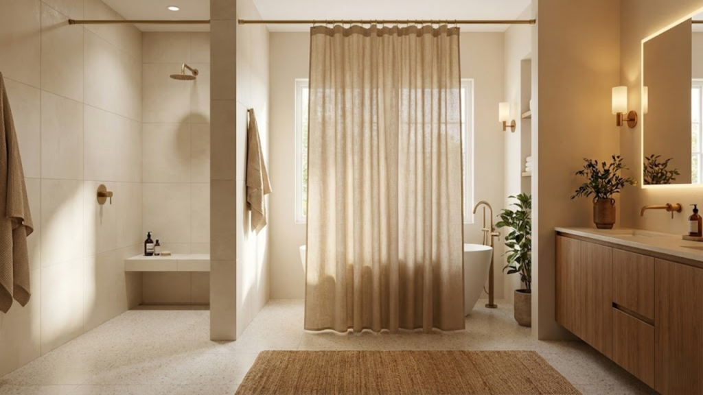Cortinas de banho impermeáveis retornam como alternativa prática e elegante ao box de vidro