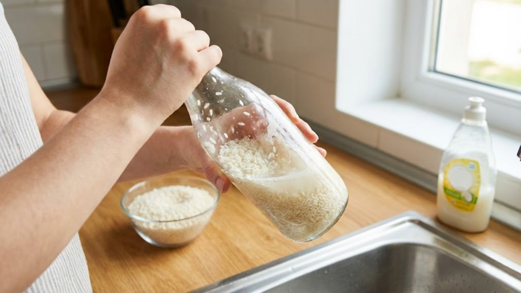 Truque caseiro com arroz cru remove limo do fundo da garrafa sem riscar o vidro
