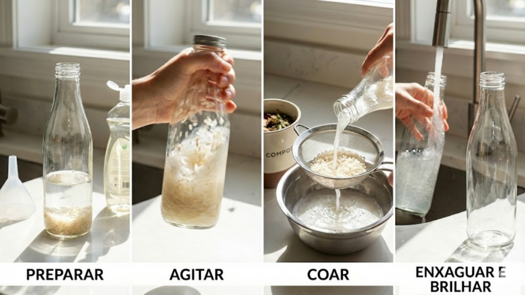 Truque caseiro com arroz cru remove limo do fundo da garrafa sem riscar o vidro
