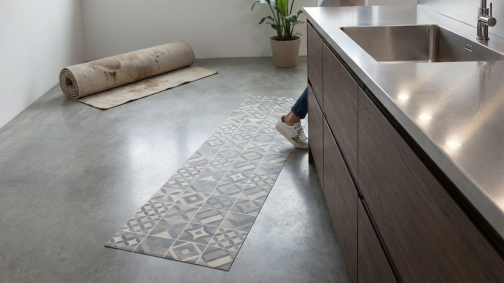 Passadeira de vinil substitui tapetes de tecido na cozinha com limpeza fácil e prática
