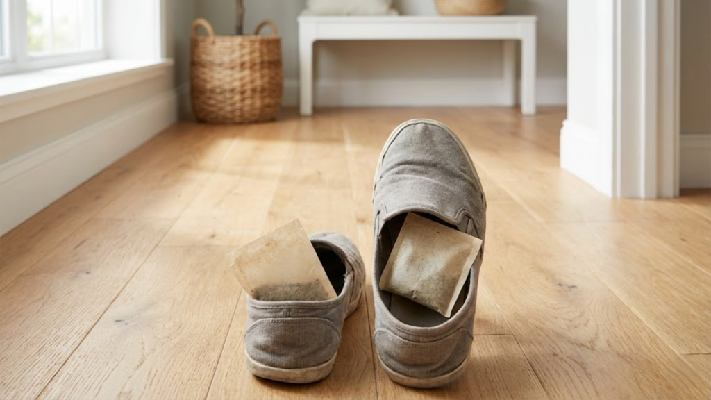 Sachês de chá secos colocados nos sapatos absorvem odores e umidade naturalmente
