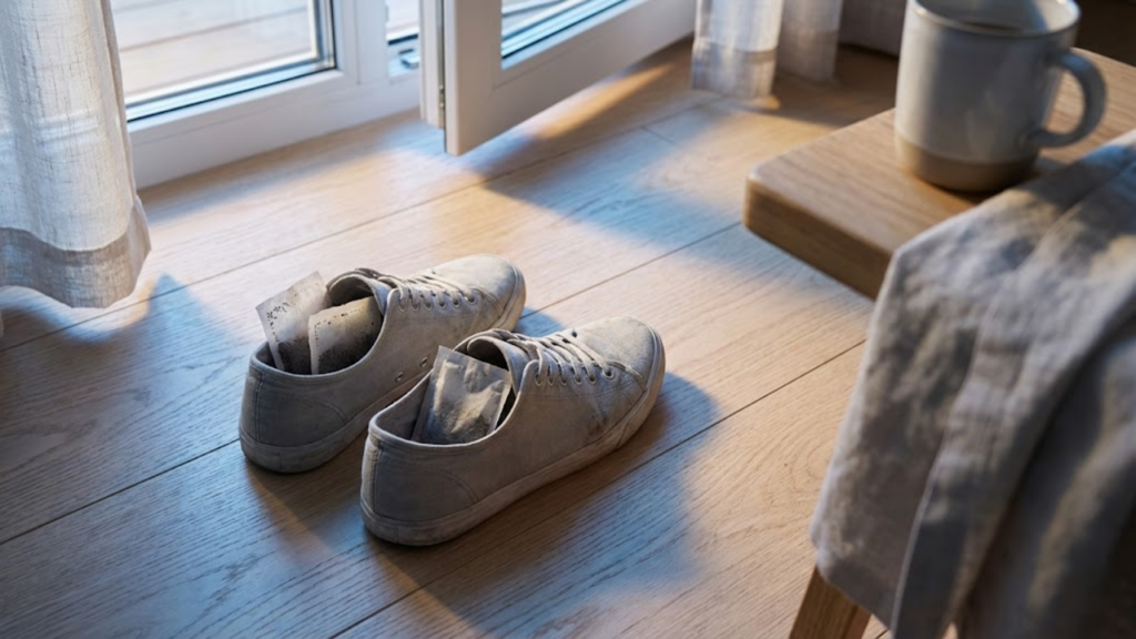 Sachês de chá secos colocados nos sapatos absorvem odores e umidade naturalmente
