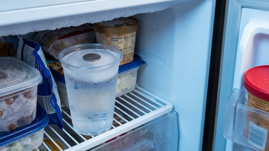 Moeda congelada em copo indica se houve queda de energia e risco aos alimentos
