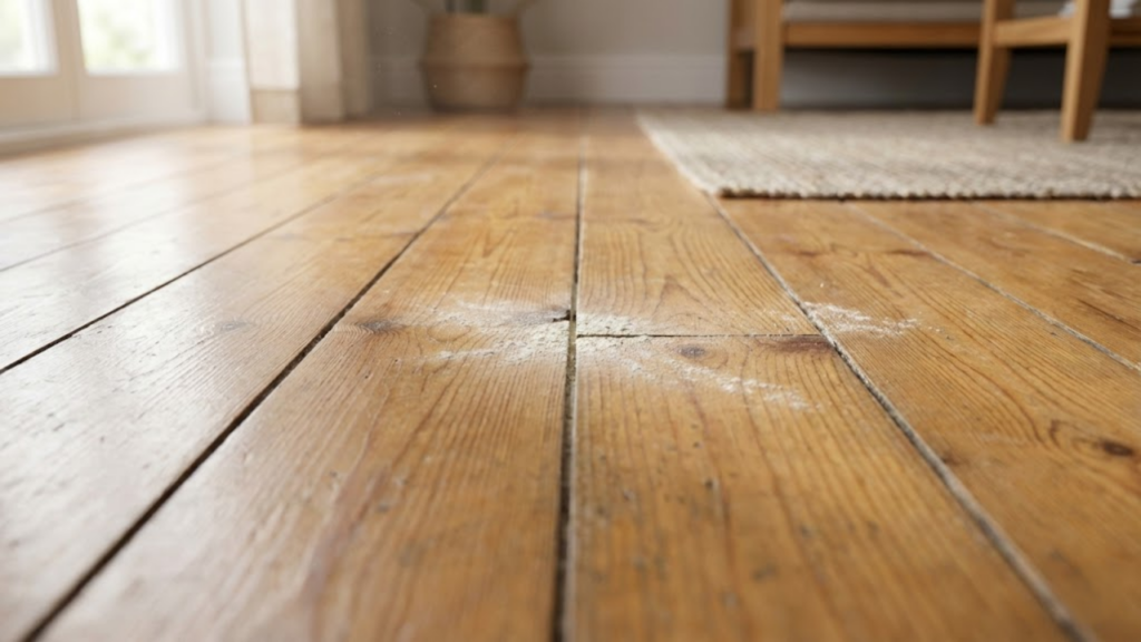 Aplicação de talco no assoalho ajuda a reduzir rangidos e atrito entre as tábuas
