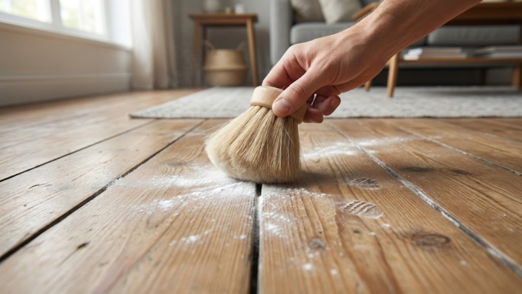 Aplicação de talco no assoalho ajuda a reduzir rangidos e atrito entre as tábuas
