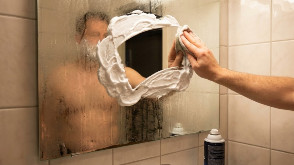 Espuma de barbear no espelho cria uma camada que reduz o embaçamento após o banho
