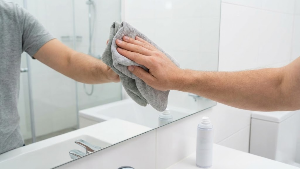 Espuma de barbear no espelho cria uma camada que reduz o embaçamento após o banho
