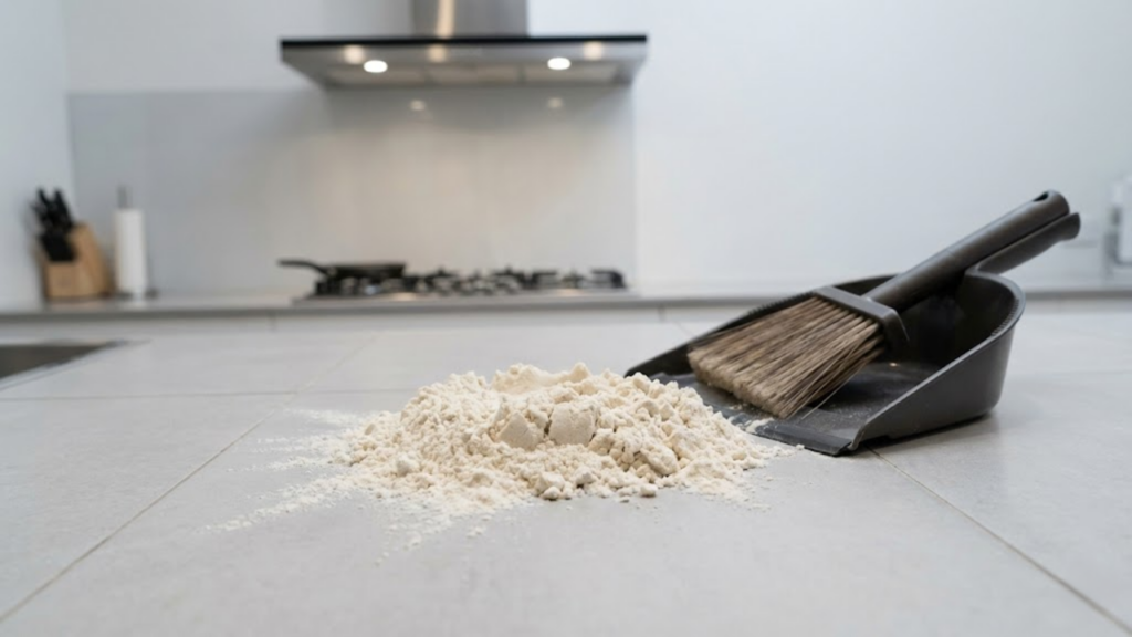 Farinha sobre óleo quente absorve o líquido e reduz risco de queimaduras
