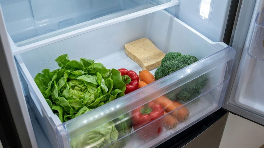 Esponja na gaveta de legumes absorve umidade e ajuda a prolongar a durabilidade