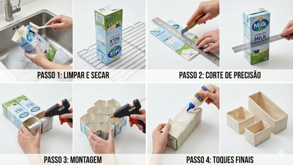 Caixas de leite reaproveitadas viram organizadores práticos para gavetas
