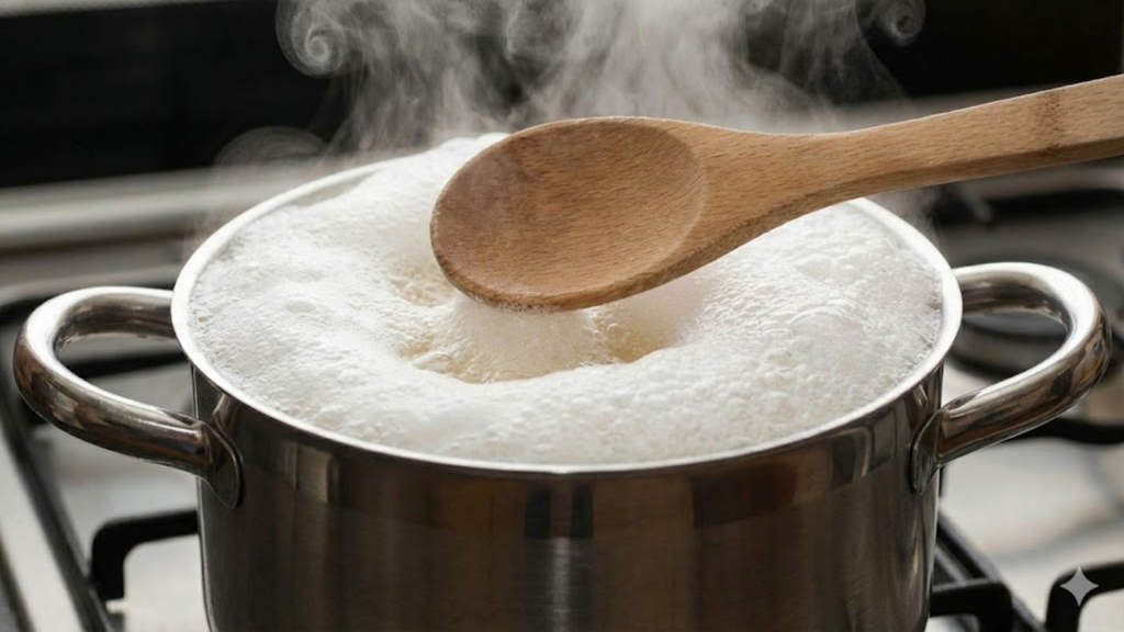 Colher de pau sobre a panela ajuda a interromper a espuma e evita que a água transborde