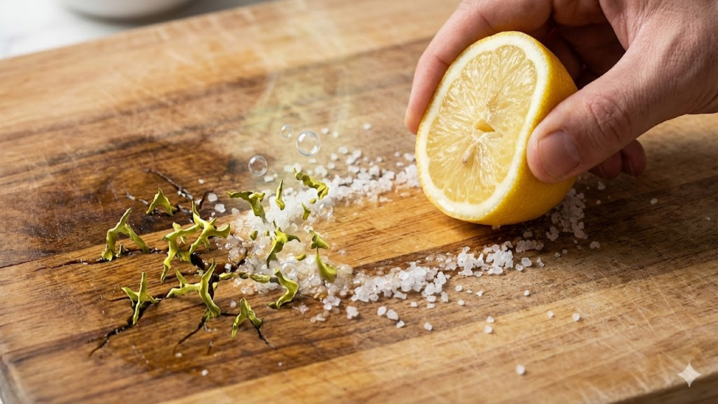Limão com sal grosso ajuda a neutralizar odores e limpar a tábua de corte com cebola
