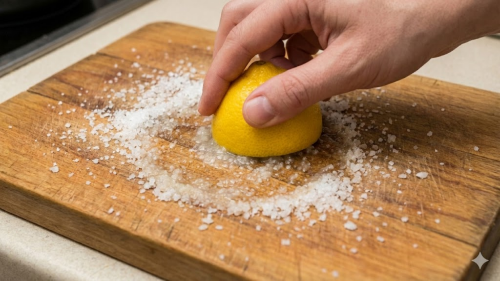 Limão com sal grosso ajuda a neutralizar odores e limpar a tábua de corte com cebola