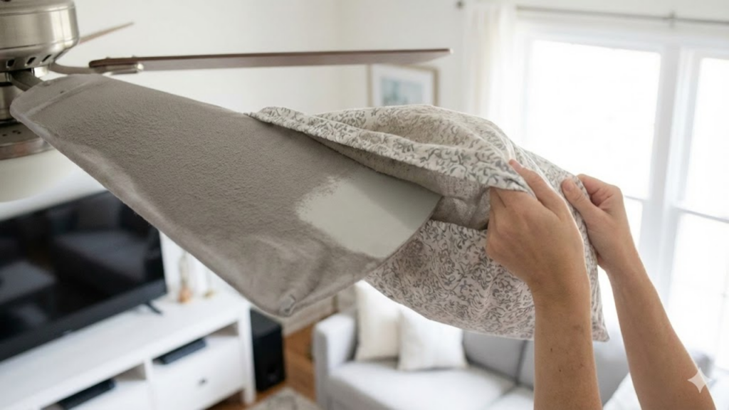 Fronha envolve as pás do ventilador e impede que a poeira se espalhe ao limpar