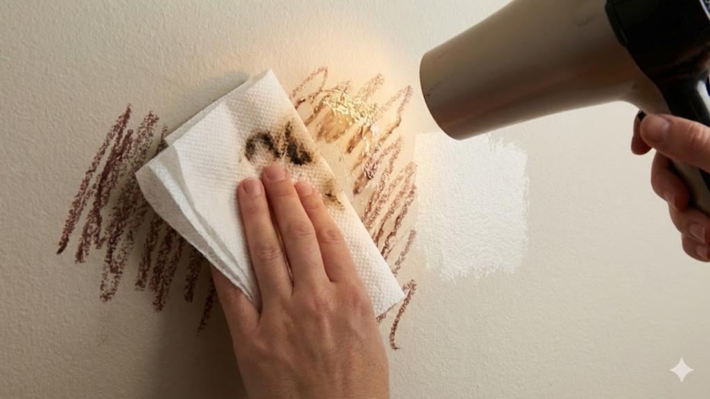 Calor do secador amolece o giz de cera e facilita a remoção das marcas na parede