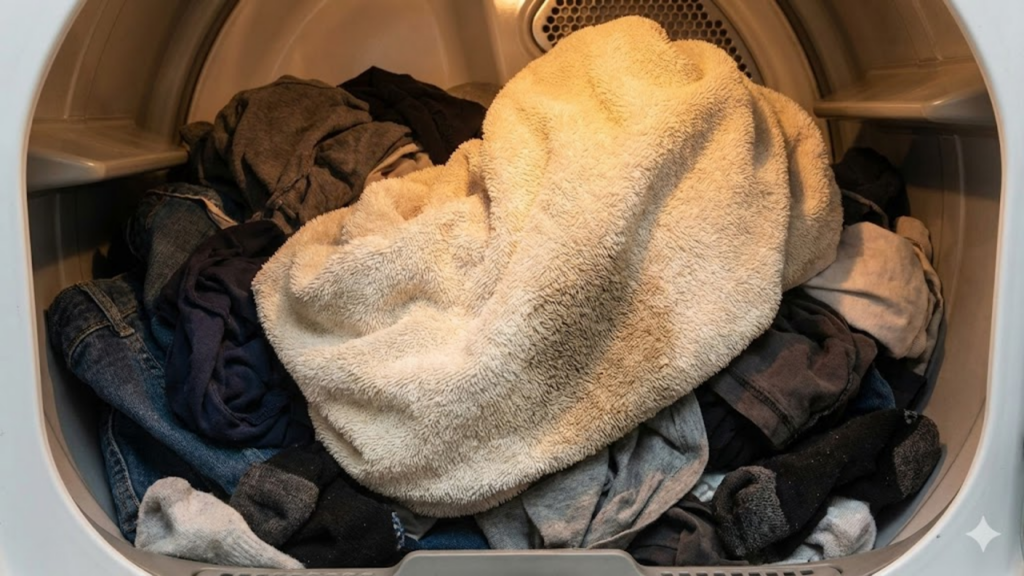 Toalha seca no tambor ajuda a absorver umidade e acelerar a secagem das roupas
