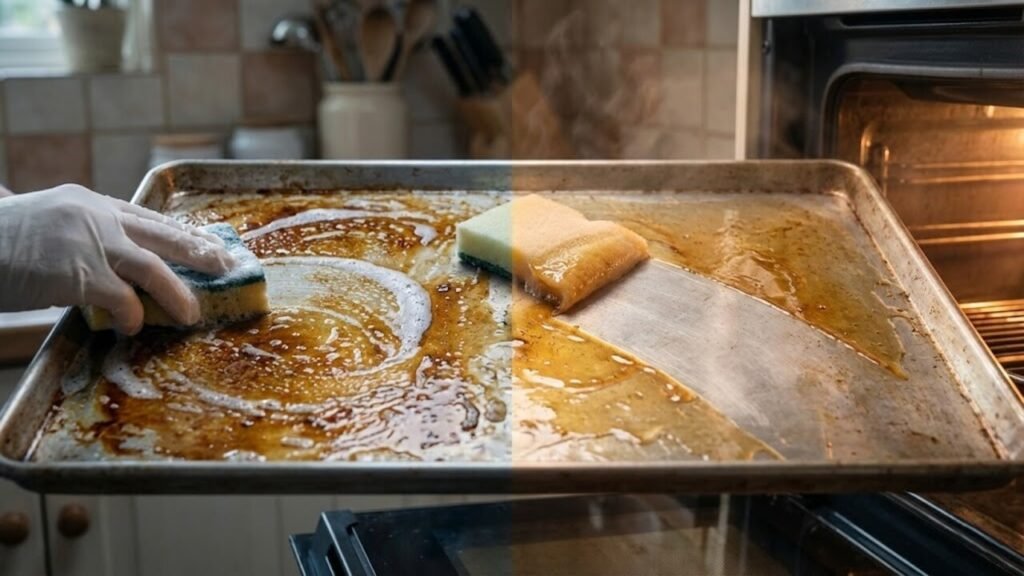 Método alternativo para remover gordura da assadeira do forno sem produtos abrasivos
