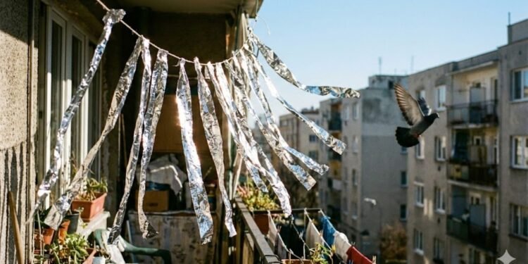 Reflexo irregular da luz no alumínio cria desconforto visual que afasta as aves sem a necessidade de venenos. (Foto: Reprodução/IA)