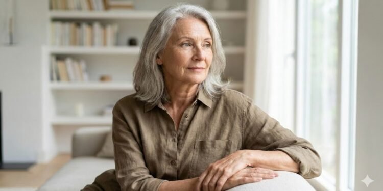 Adulto entre 55 e 75 anos com expressão serena e confiante, representando equilíbrio emocional, maturidade psicológica e estabilidade mental na vida adulta.