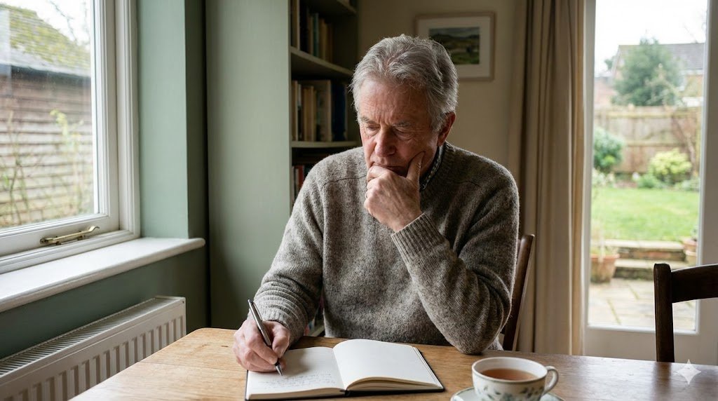 Pessoa adulta entre 55 e 75 anos realizando atividade tranquila e concentrada, ilustrando autorregulação emocional, clareza cognitiva e funcionamento psicológico estável.