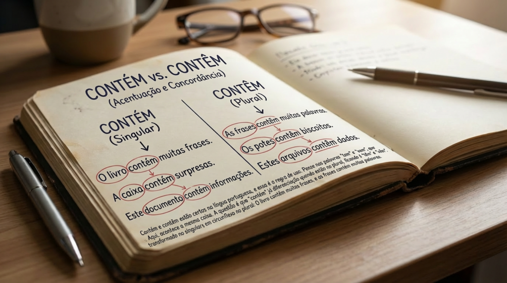 "Contém” e “contêm” estão certos na língua portuguesa, e essa é a regra de uso