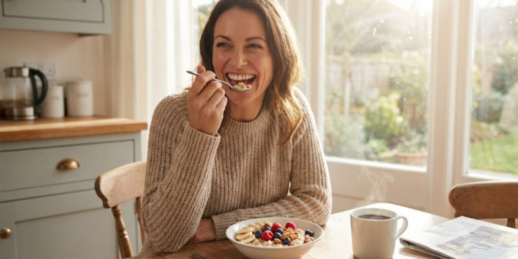 Por ser rica em fibras e carboidratos de absorção lenta, ela mantém os níveis de glicose mais estáveis ao longo da manhã, evitando picos de fome.