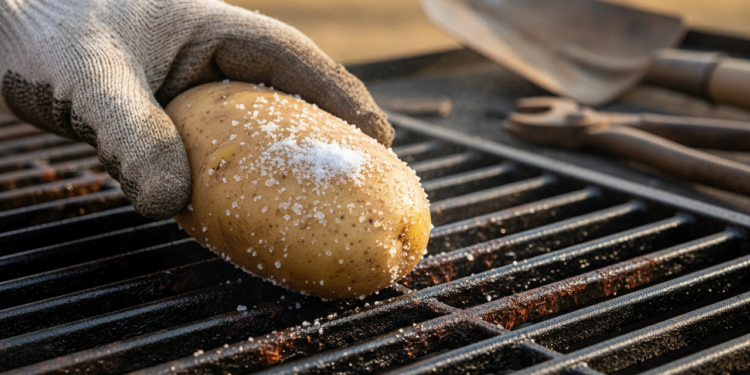 Batata crua para limpar ferrugem de ferramentas e grelhas