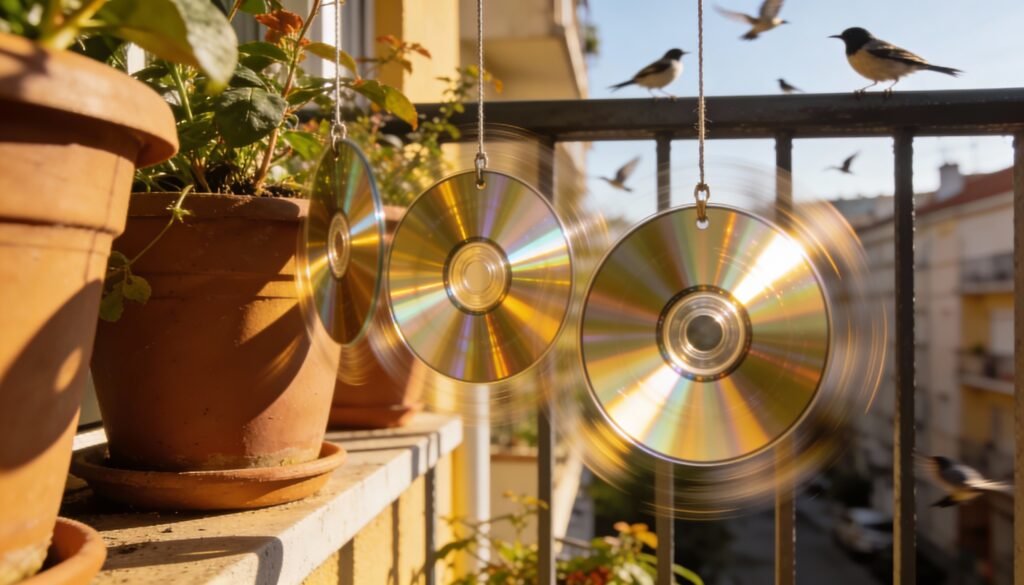 Esse truque com CDs reaproveitados espanta pragas e protege sua varanda de forma natural