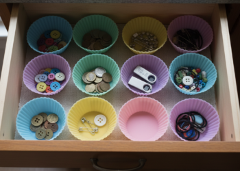 Forma de cupcake para organizar miudezas na gaveta da oficina ou escritório