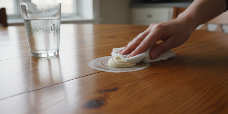 Maionese para remover manchas de copo na mesa de madeira