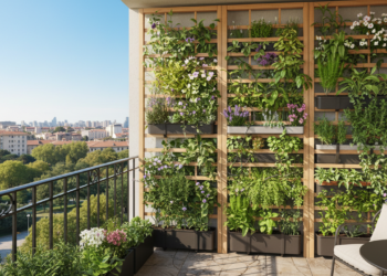 Monte um jardim vertical na sacada usando treliças de madeira baratas que escondem a vista do vizinho e trazem privacidade e frescor