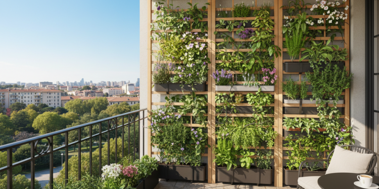 Monte um jardim vertical na sacada usando treliças de madeira baratas que escondem a vista do vizinho e trazem privacidade e frescor