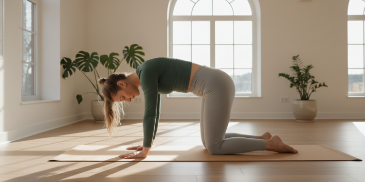 A postura do gato de ioga para liberar a tensão e melhorar a mobilidade das costas