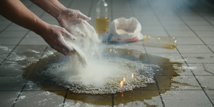 Jogar farinha no óleo quente derramado no chão: a técnica de segurança que evita queimaduras