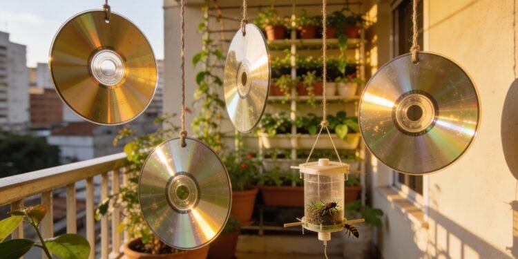 Esse truque com CDs reaproveitados espanta pragas e protege sua varanda de forma natural