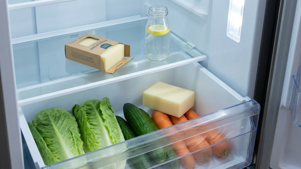 Esponja na gaveta de legumes absorve umidade e ajuda a prolongar a durabilidade