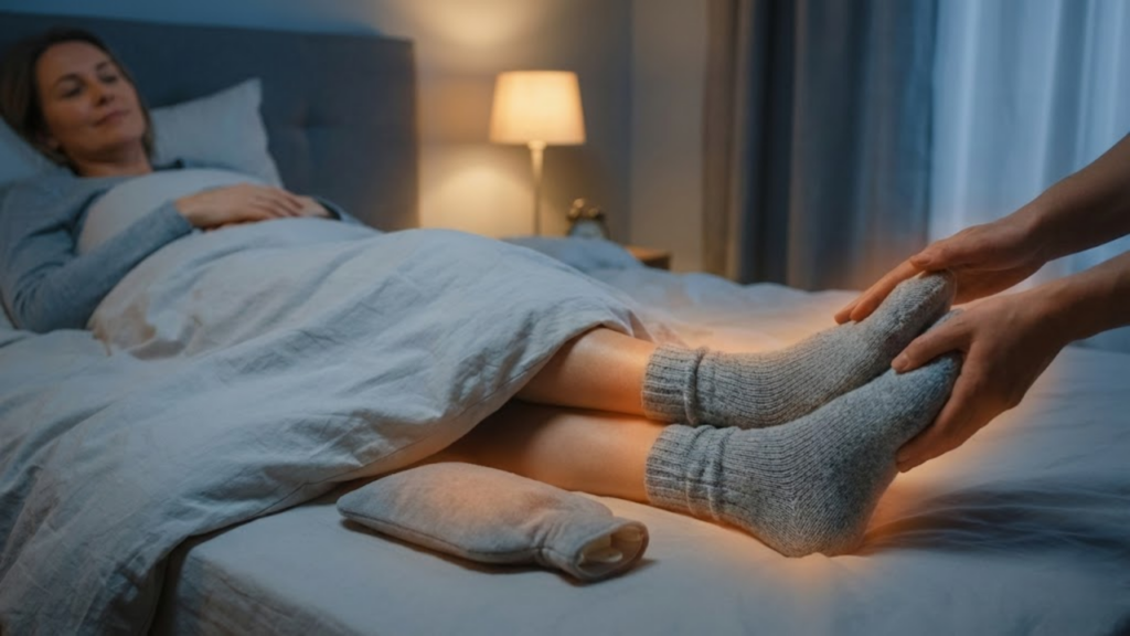 Aquecimento das mãos e pés ativa a vasodilatação que facilita a queda da temperatura corporal central
