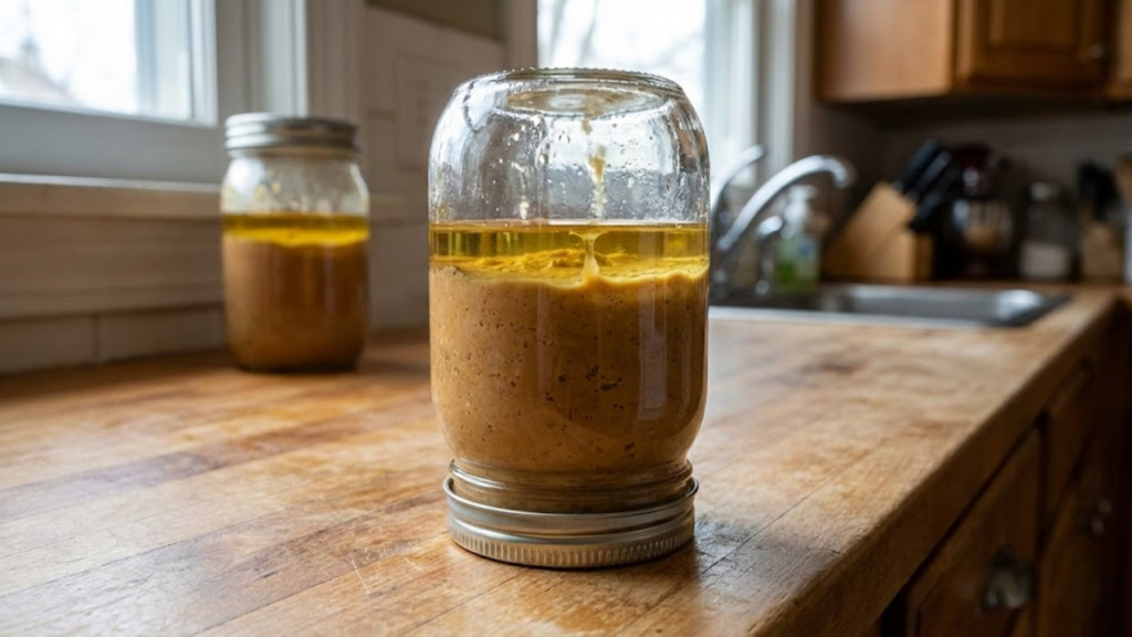 Armazenar o pote invertido ajuda a redistribuir o óleo e manter a pasta homogênea
