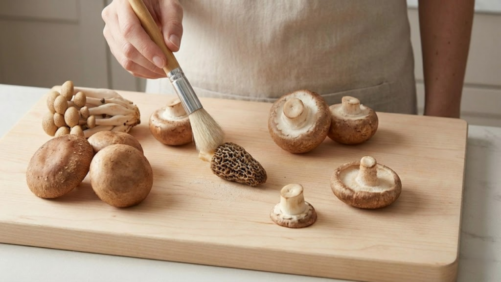 Método correto de limpeza de cogumelos sem água corrente para preservar textura
