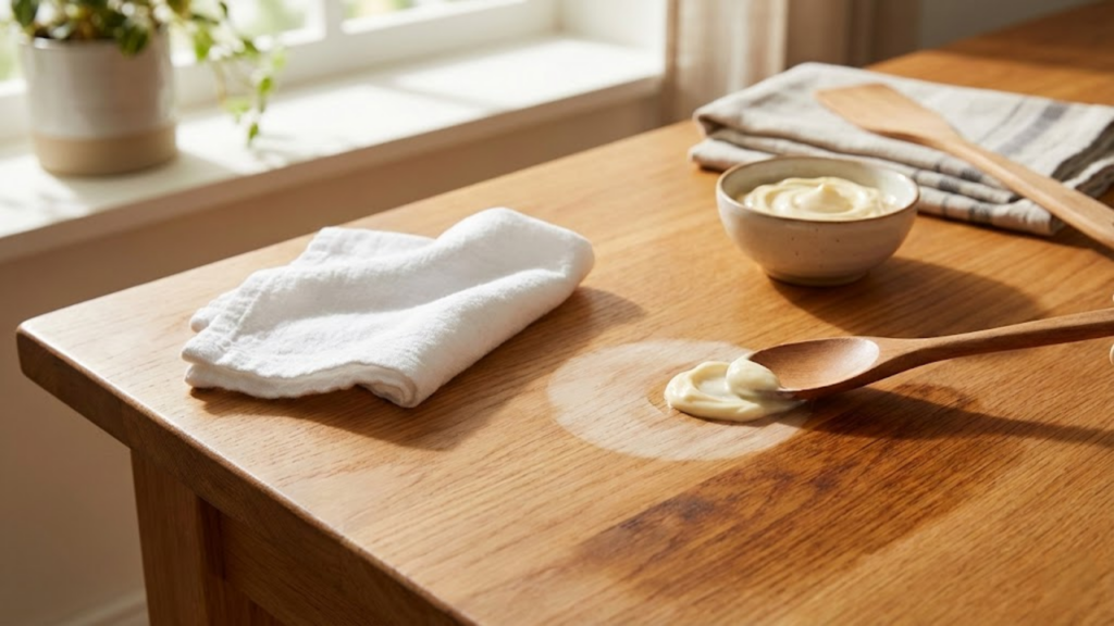Uso de maionese para remover marcas de copo em superfícies de madeira
