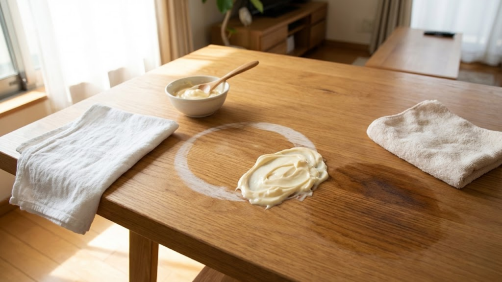 Uso de maionese para remover marcas de copo em superfícies de madeira
