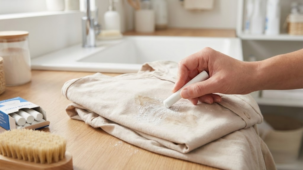 Aplicação de giz branco sobre gordura absorve o óleo antes da lavagem do tecido