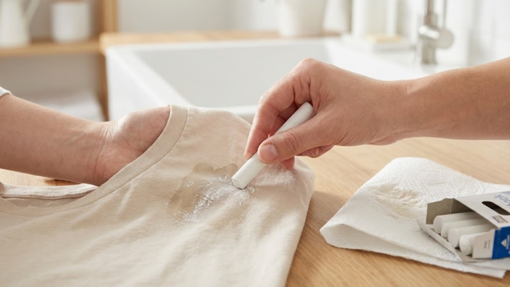 Aplicação de giz branco sobre gordura absorve o óleo antes da lavagem do tecido