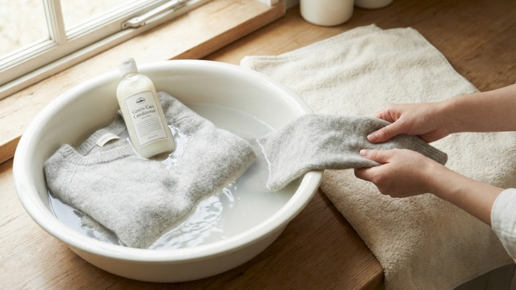 Uso de condicionador para relaxar as fibras da lã e recuperar o tamanho da roupa