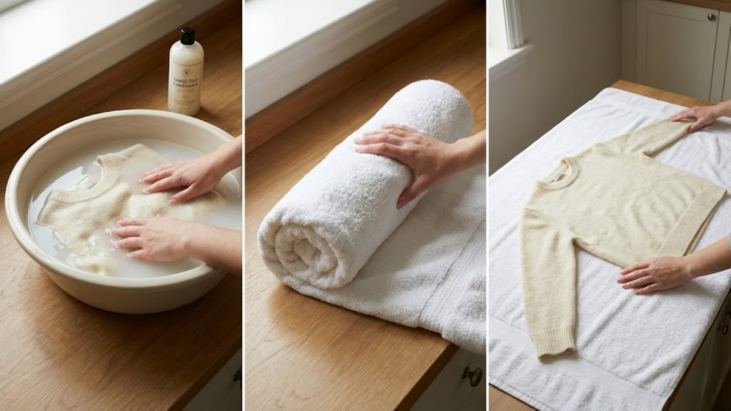 Uso de condicionador para relaxar as fibras da lã e recuperar o tamanho da roupa