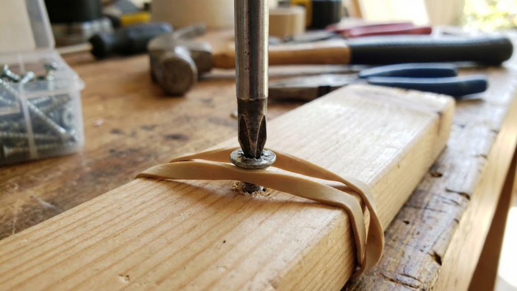 Elástico largo entre a chave e o parafuso espanado aumenta o atrito e facilita a remoção
