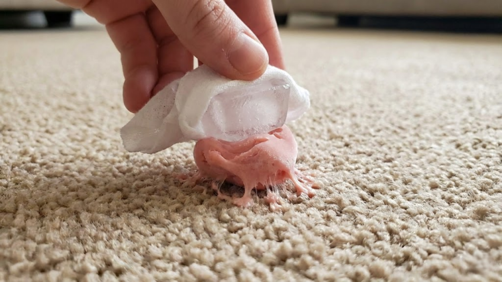 Uso de gelo para endurecer o chiclete e facilitar a remoção de tecidos e carpetes
